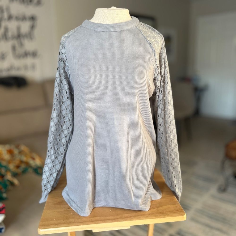 Miholl Women's top Size L Color Gray Silver Long sleeves - laced
